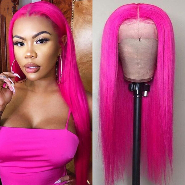 Lady Hot Pink Lace Front Wigs Glueless Synthetic Straight  display picture 1
