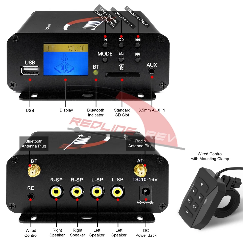 1000W Amp Motorcycle Waterproof Bluetooth Stereo 4-Speakers Audio MP3 System ATV - Image 2 of 4