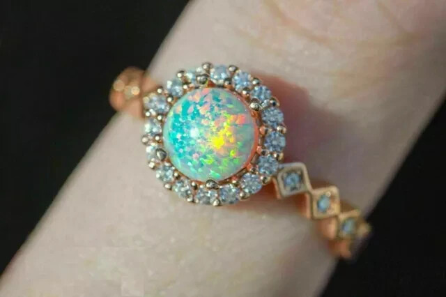 Halo Engagement Ring 2 Ct Round Cut Simulated Fire Opal In 14K Rose Gold Finish-image