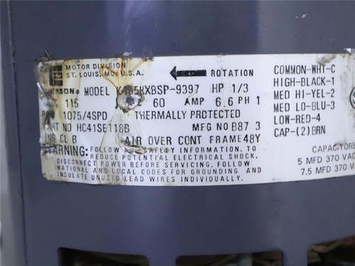 EMERSON KA55HXBSP-9397 Blower Motor 1/3HP 115V 1075RPM 4SPD HC41SE118B - Picture 2 of 4