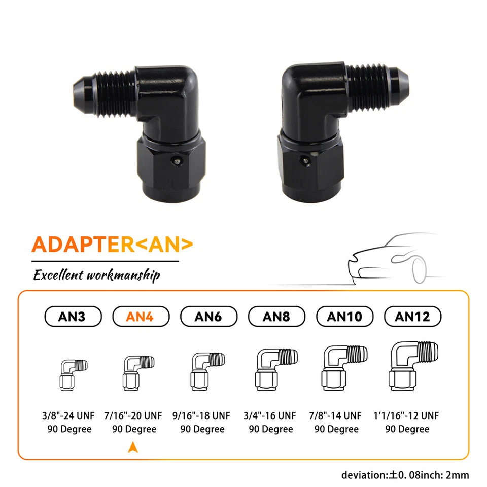 2PCS 90 Degree Male 4AN To 4AN Female Swivel Coupler Union Adapter Fitting Black - Image 3 of 4