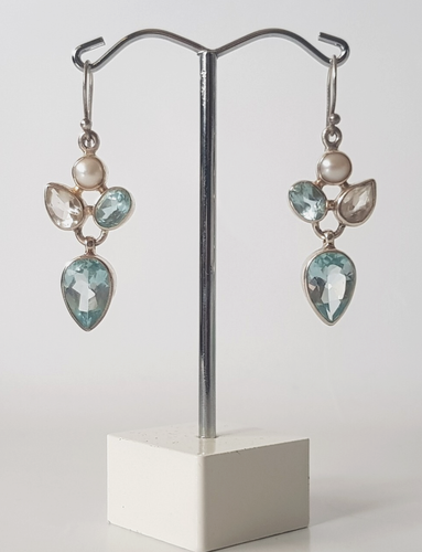 925 Sterling Silver Blue Topaz, Clear Quartz & Cultured Pearl Earrings - Picture 2 of 4
