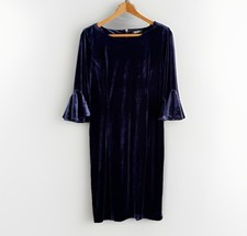 DNKY Women’s Navy Blue Velvet Shift Dress Sz Large Bell Sleeves Holiday Party