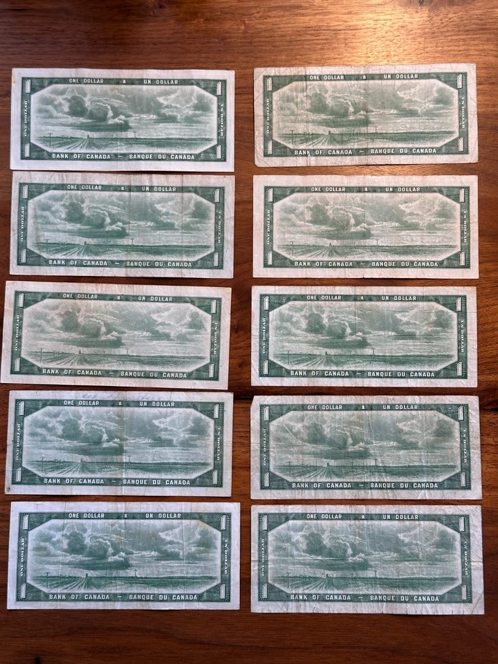 Canadá Lote de 10 Un (1) Dólar 1954 QEII Sig. Beattie and Coyne Foto 3 de 3
