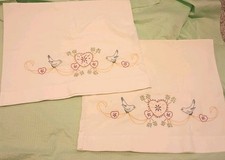 Vintage Hand Embroidered Love Birds Pillowcas...