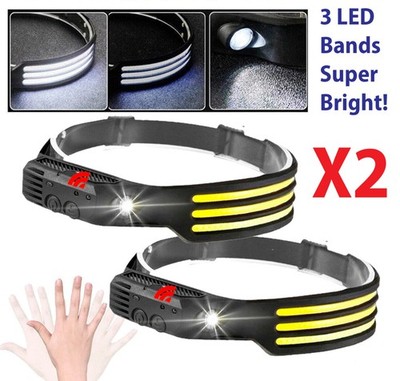 2PACK Headlamp COB LED Rechargeable Headlight Torch Work Light Bar Head Band USB
