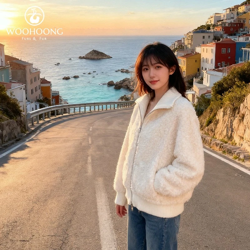 Nuevo Abrigo de piel de cordero para mujer Abrigo de béisbol de lana de piel de oveja corto con cuello alto Foto 2 de 4