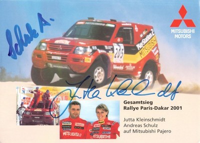 Jutta Kleinschmidt & Andreas Schulz, original autograph, autograph card, rally