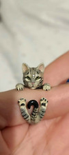 925 Silver Enamelled Cat Wrap Band Ring, Hallmarked, Size P, Silver/Black/Grey