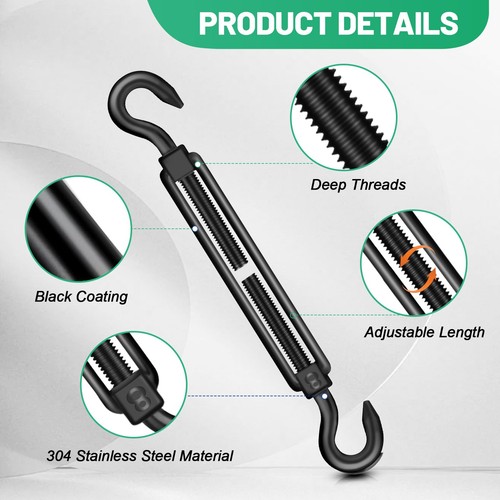 2PCS M8 Hook & Turnbuckle 304 Stainless Steel,Black Heavy M8-2P, Black  - Afbeelding 4 van 7