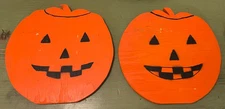 2 Primitive Hand Made Wooden Halloween Jack O Lanterns Country Decor Folk Art