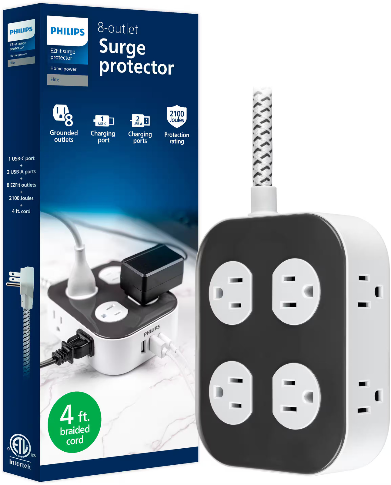 Philips - Защита от перенапряжения 8 розеток с заземлением 2 USB-A 1 USB-C 2100J оплетка 9790₽
