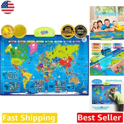 Interactive World Map Poster for Kids - Learn Geography, Flags, Fun Facts