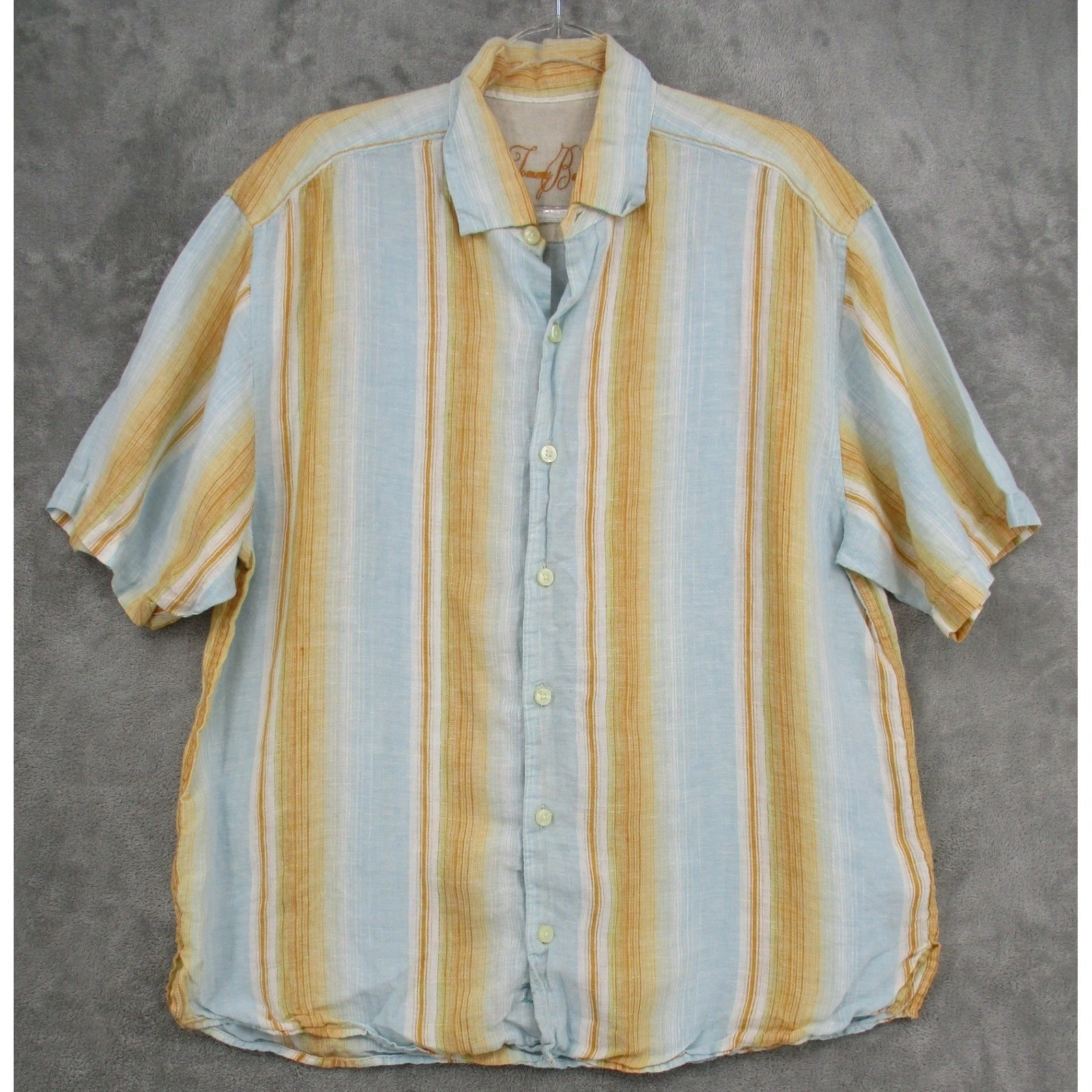 Tommy Bahama Shirt Mens Large Short Sleeve Button Front Striped Linen Resort