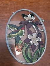 Vintage Hummingbird Purple Green Iris Flowers Stained Glass Suncatcher