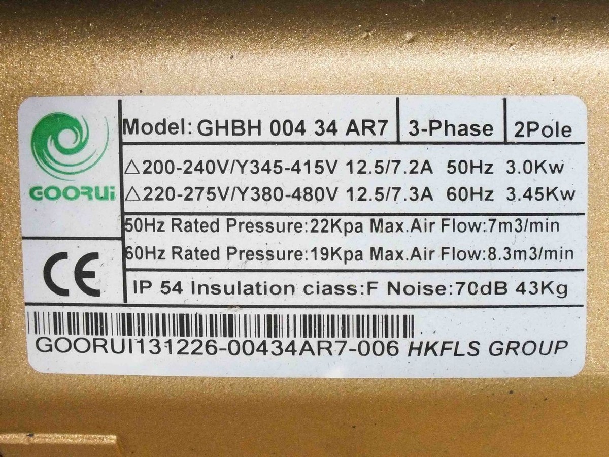 Goorui Industrial GHBH 004 34 AR7 Blower 135CFM 200-240 Volt AC 3-Phase 3kW