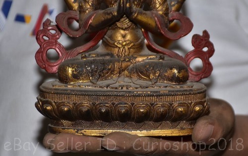 8.4" Old Chinese Copper Gilt Buddhism 4 Arms Kwan-yin Guan Yin Goddess Statue - Picture 4 of 10