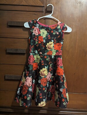Girls Baker by Ted Baker Black Floral Roses Fit & Flare Satin Dress Size 8  Silk? | eBay