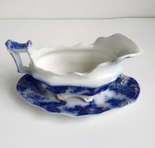 Antique W H Grindley Flow Blue White Argyle Gravy Sauce Boat Dish England