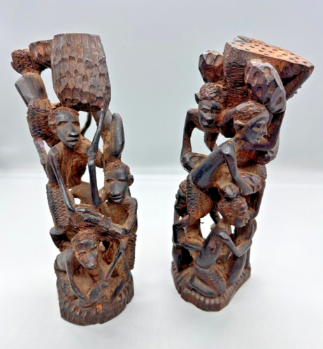VINTAGE Pair African Folk Art Hand Carved Wooden Working Oriental Rare Ornaments