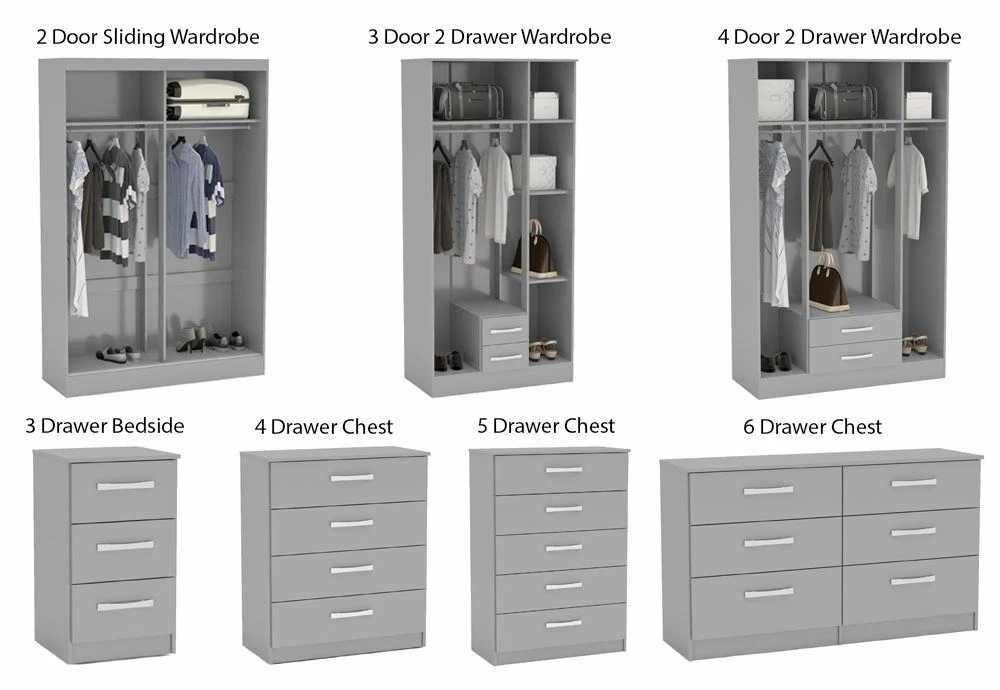 Lynx Grey Gloss Bedroom Furniture Wardrobe Chest Bedside by Birlea