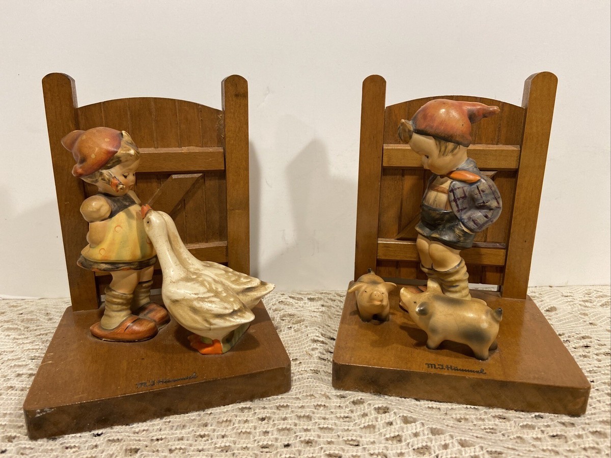 Pair Goebel MJ Hummel Wooden Gate Bookends-Goose Girl & Farm Boy W