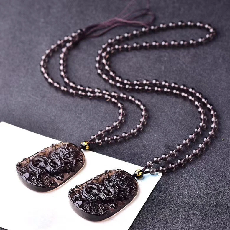 Collar dragón obsidiana hielo natural colgante amuleto con cadena de cuentas para wen Foto 4 de 4