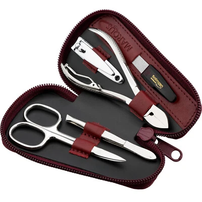 MARQUS Nagelset Herren & Damen 5-teilig mit Zange - Maniküre Set mit Leder-Etui rot
