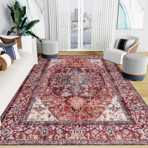 Boho Area Rug: 4x6 Low-Pile Distressed Rug - Vintage Rug for Living Room Kitc...