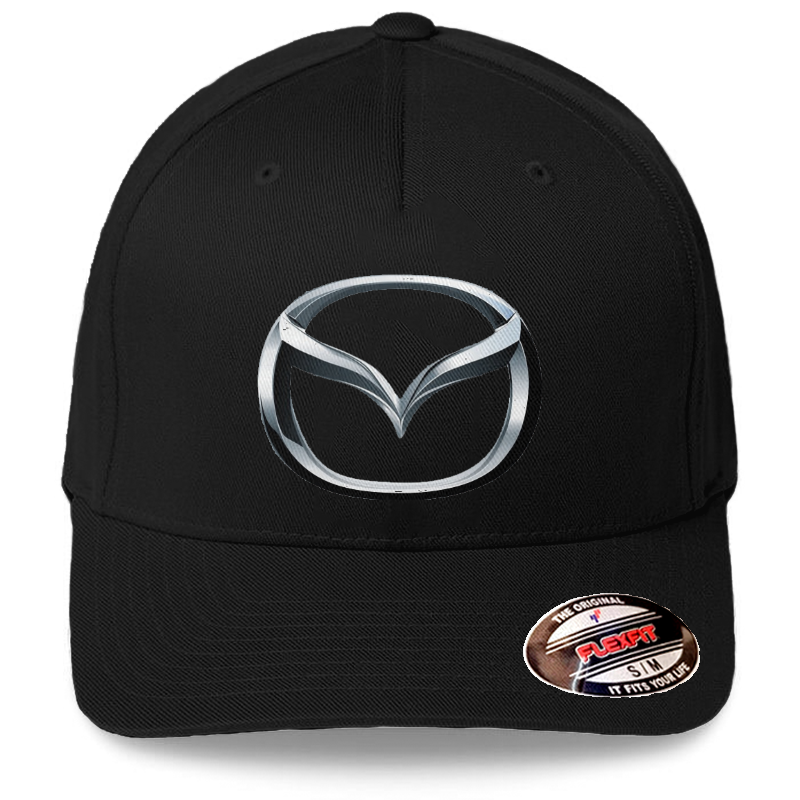 Mazda Logo on Black Flexfit Brand Hat Baseball Cap Printed Emblem