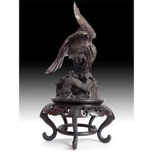 Vintage Japanese Cast Bronze Soaring Eagle Fighting Dragon Okimono Statue 銅鷹鬥龍