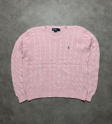 Ralph Lauren Knit Sweater Zopfmuster Rosa Pink Größe M V-Schnitt Damen