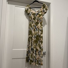 Floral Puff Sleeve Smocked Cotton A-Line Dress Ivory Green Blue Orange Women