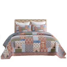 3 Pcs Floral Patchwork Pattern Vintage-Inspired Quilt Bedspread Set