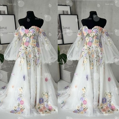 Wedding Dresses with Train Floral Applique Off-Shoulder Puff Sleeve Bridal Gown