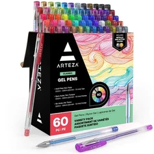 Arteza Gel Pens, Set of 60-Individual-Colors, 0.8-1.0 mm Tips, Acid-Free &