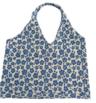 White/Blue Floral Halter V-Neck Knit Crop Tank Top Juniors M Stretch