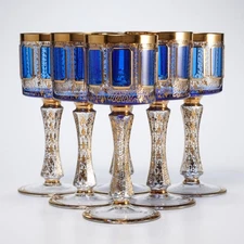 Moser Cobalt Cabochon Cut Gold Gilt Encrusted Bohemian Wine Glasses 6-Pcs. 6.5"h