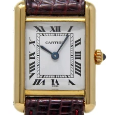 Cartier Tank Louis 866001 Yellow Gold White Roman Burgundy Leather Quartz #I1985