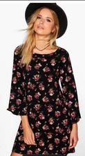 Sleeved Shift Black Floral 3/4 Sleeves Boohoo Dress Size 6