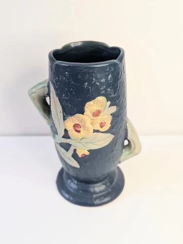 1940s Roseville Pottery Blue Double Handle 750-6" Vase Repro, Floral Flower EUC