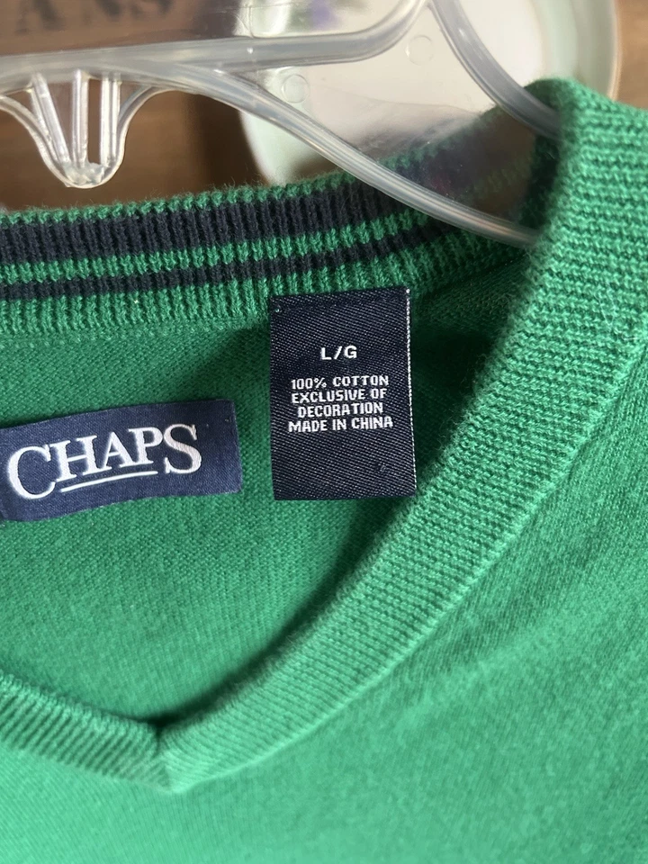 Chaleco Suéter De Colección Chaps Para Hombres Verde Cuello en V Talla L Algodón Años 90 Primavera Otoño Golf BTS Foto 3 de 4
