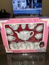 Vintage 13 pcs China Tea Play Set Pink Roses  Ribbons NOS New