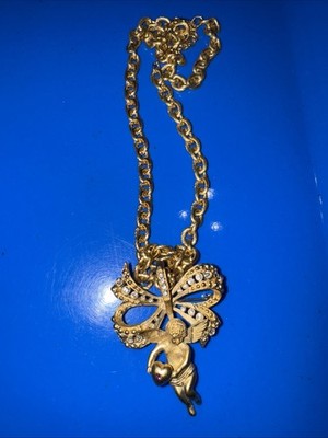 Camrose Kross JBK Bow Necklace Cherub Rhinestone Pendant Gold Tone