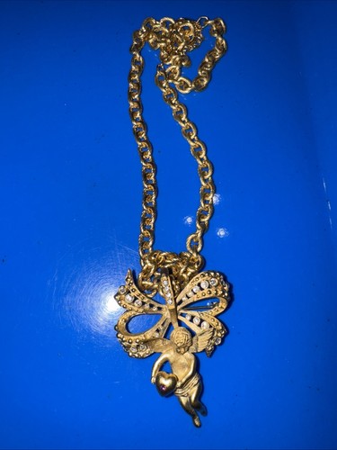 Camrose Kross JBK Schleife Halskette Cherub Strass Anhänger goldfarben 20" - Bild 2 von 4