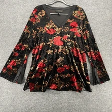 Venezia Blouse Womens 18/20 Black Red Floral Velvet V-Neck Whimsigoth Holiday