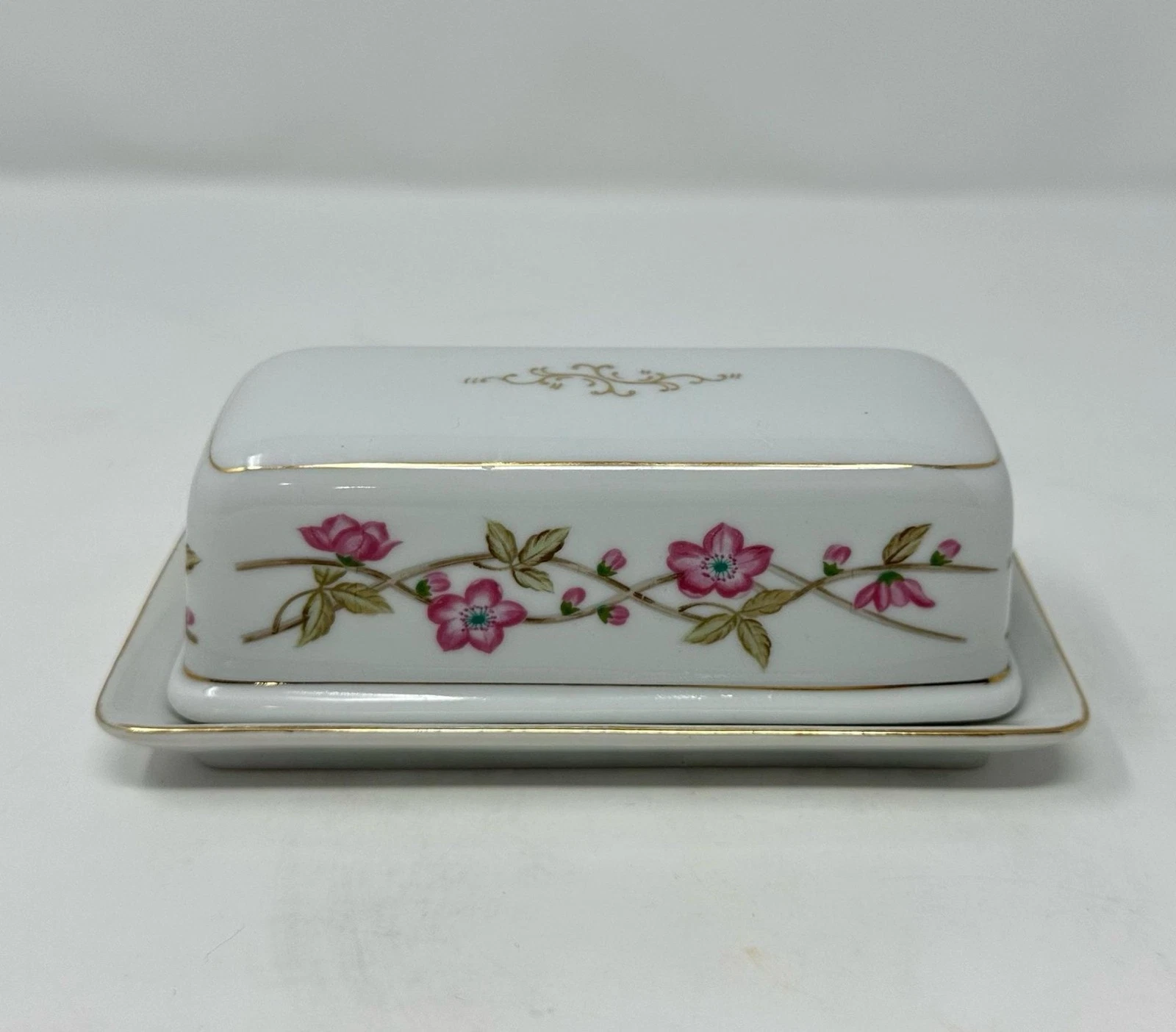 Vintage Valmont Briar Rose Butter Dish, Porcelain Floral Gold Trim, Cottagecore