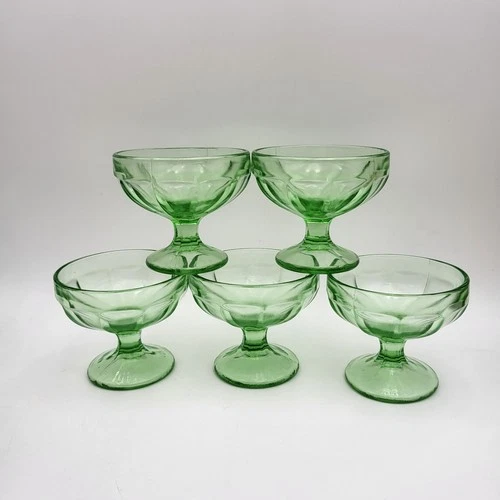 Set of 5 Vintage Uranium Glass Green Depression Glass Sherbet Dessert Cups Glows