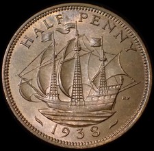 UK Half Penny 1938 George VI Bronze Coin WCA B585