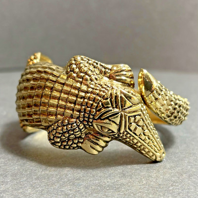 Avalaya Vintage Alligator Crocodile Goldtone Hinged Cuff Statement Bracelet S/M